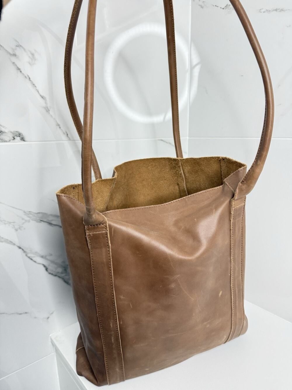ABLE Lomi Leather Tote Beige 100% Leather Handbag Knotted Straps Ethically Made
